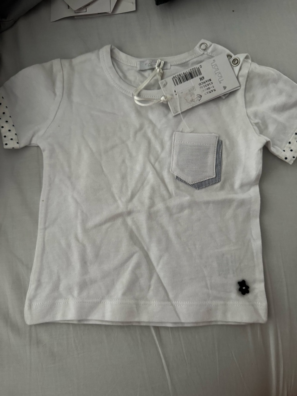 White Short-Sleeve Pocket Tee with Polka Dot Trim